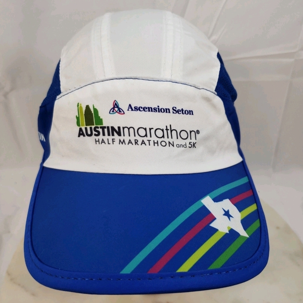 Austin Marathon Hat 5 Panel Cap Blue White Lightweight Running Strap Back